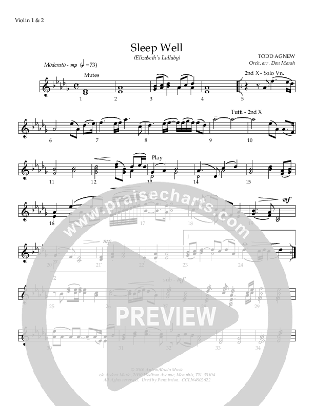 Sleep Well (Elizabeth's Lullaby) Violin 1/2 (Todd Agnew)