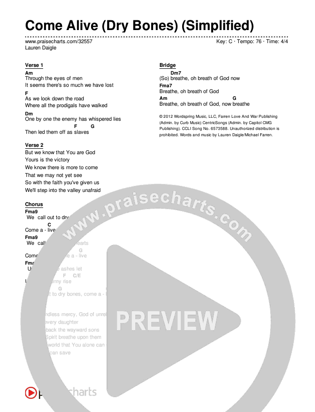Come Alive (Dry Bones) (Simplified) Chord Chart (Lauren Daigle)