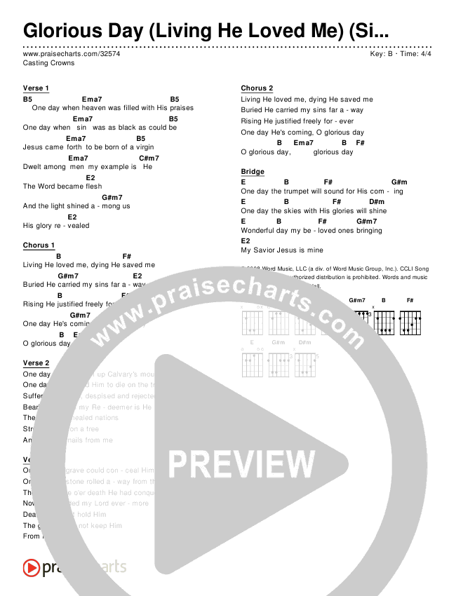 Glorious Day (Living He Loved Me) (Simplified) Chord Chart (Casting Crowns)