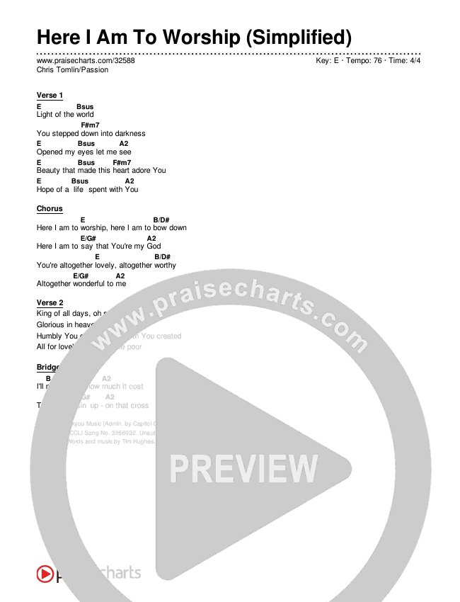 Here I Am To Worship (Simplified) Chord Chart (Chris Tomlin / Passion)