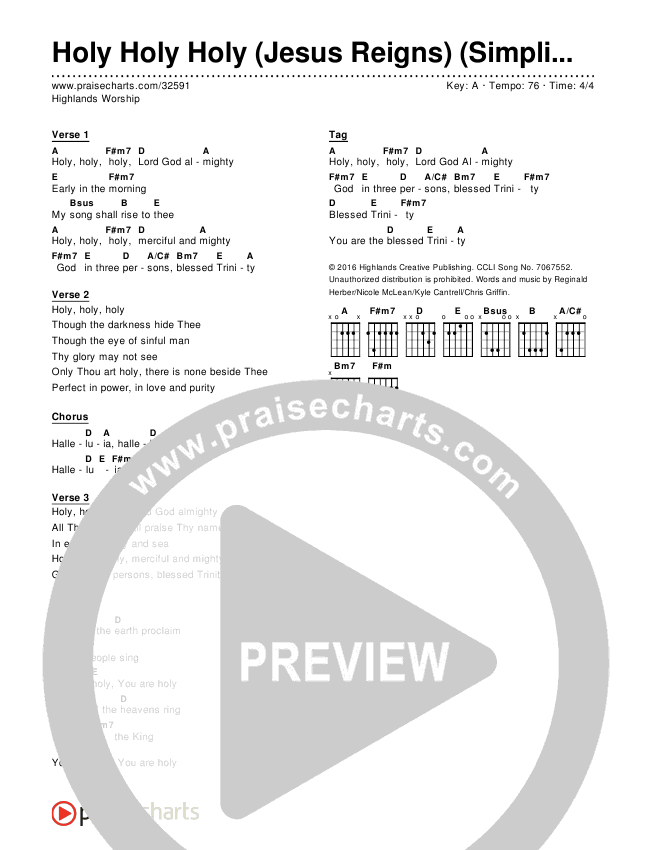 Holy Holy Holy (Jesus Reigns) (Simplified) Chord Chart (Highlands Worship)