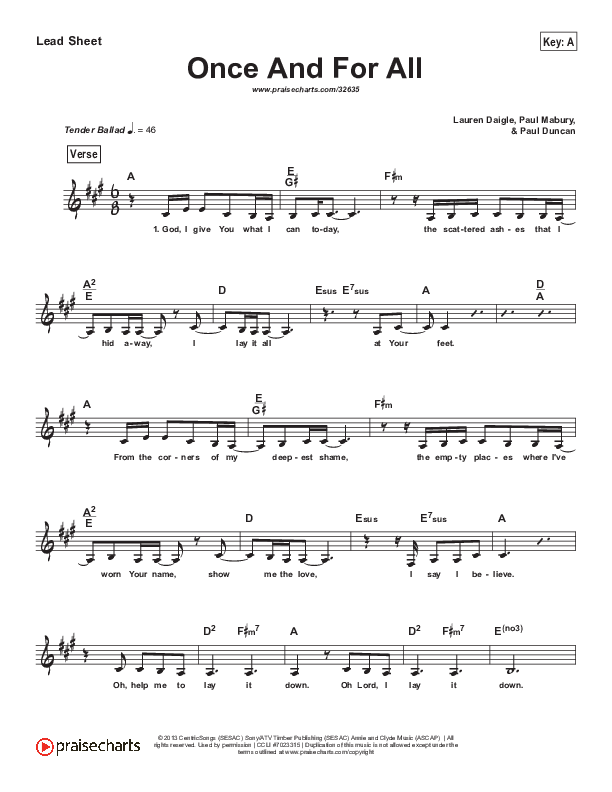 Once And For All (Simplified) Lead Sheet (Melody) (Lauren Daigle)