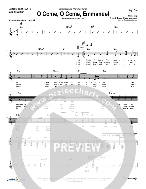 O Come O Come Emmanuel Lead Sheet (SAT) (Dennis Jernigan)