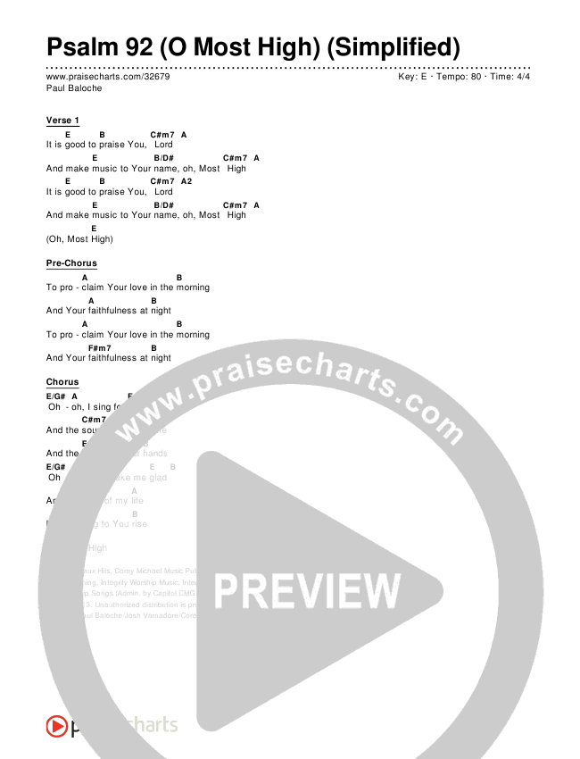 Psalm 92 (O Most High) (Simplified) Chord Chart (Paul Baloche)