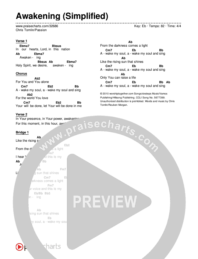 Awakening (Simplified) Chord Chart (Chris Tomlin / Passion)