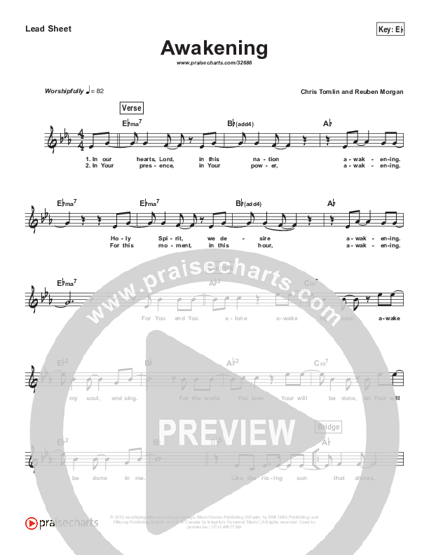 Awakening (Simplified) Lead Sheet (Chris Tomlin / Passion)