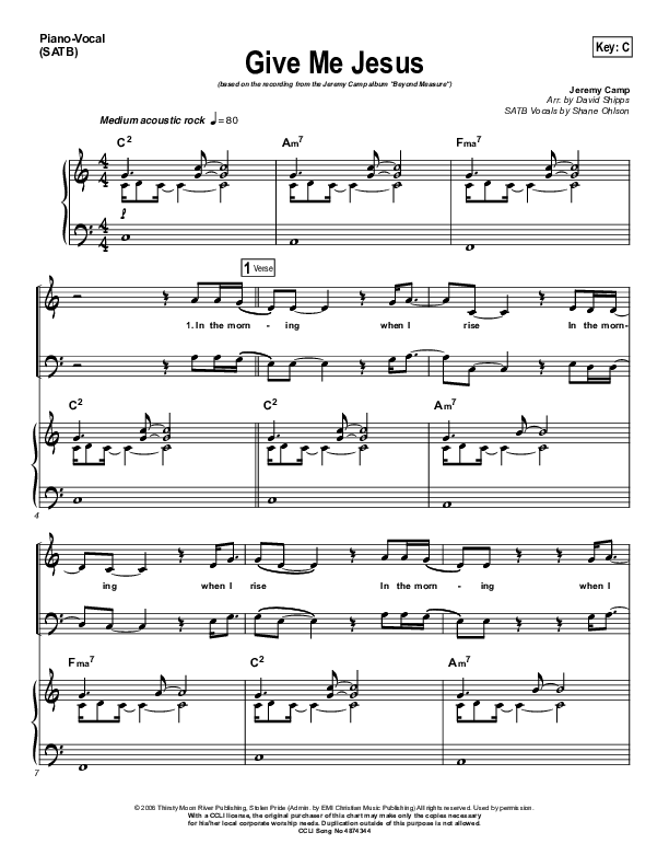 Give Me Jesus Piano/Vocal (SATB) (Jeremy Camp)