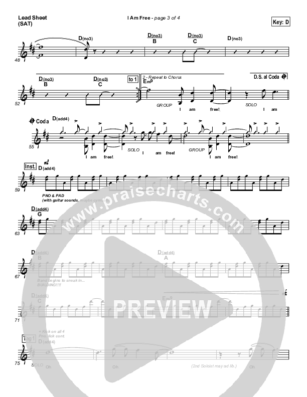 I Am Free Lead Sheet (SAT) (Promise Keepers)