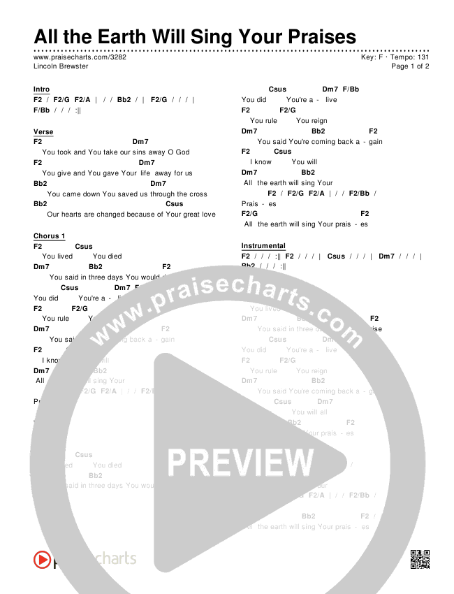 All The Earth Will Sing Your Praises Chords & Lyrics (Lincoln Brewster)