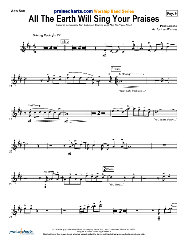 All The Earth Will Sing Your Praises Alto Sax (Lincoln Brewster)