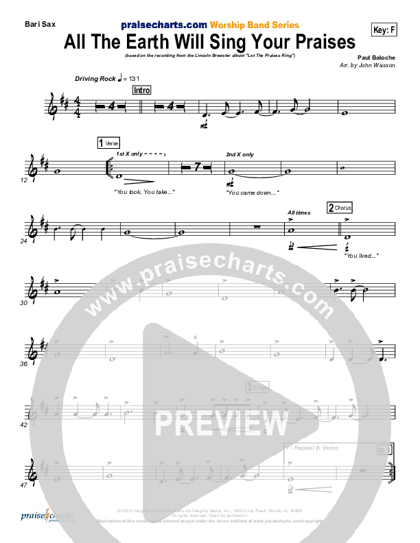 All The Earth Will Sing Your Praises Bari Sax (Lincoln Brewster)