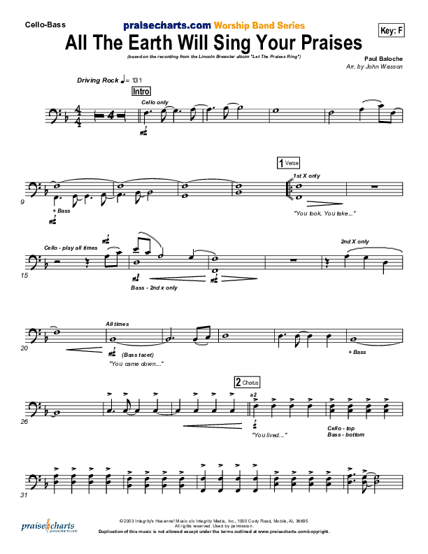 All The Earth Will Sing Your Praises Cello/Bass (Lincoln Brewster)