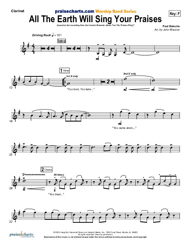 All The Earth Will Sing Your Praises Clarinet (Lincoln Brewster)