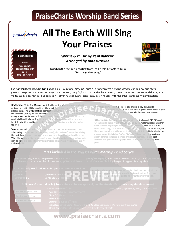 All The Earth Will Sing Your Praises Cover Sheet (Lincoln Brewster)