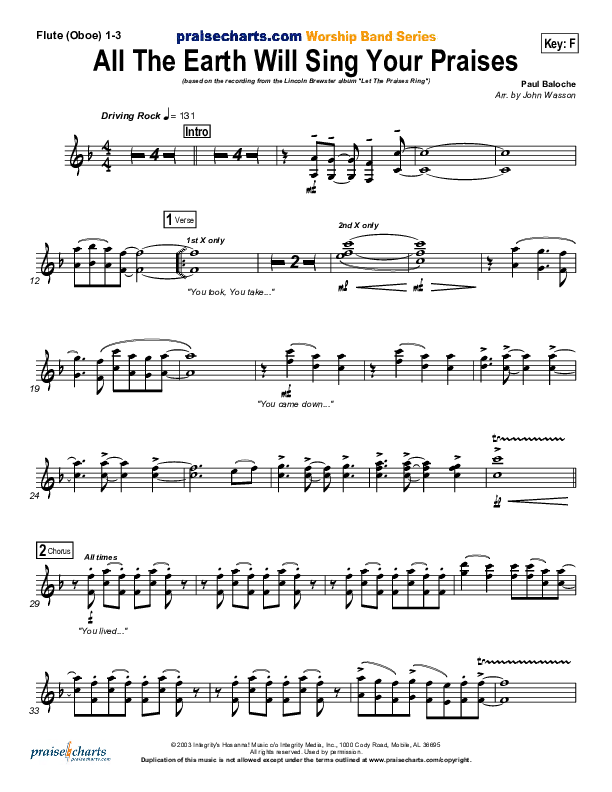 All The Earth Will Sing Your Praises Flute/Oboe 1/2/3 (Lincoln Brewster)