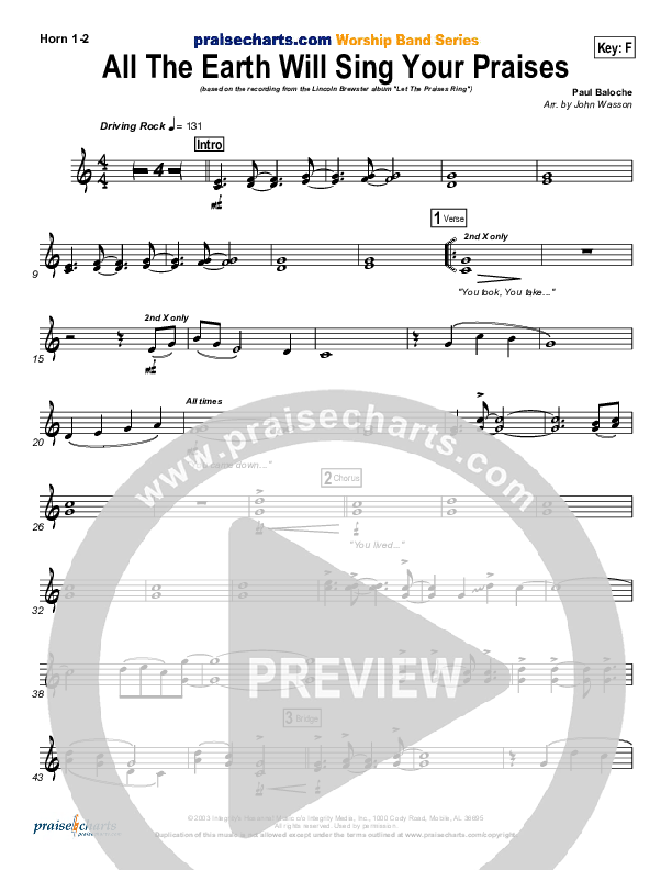 All The Earth Will Sing Your Praises French Horn 1/2 (Lincoln Brewster)