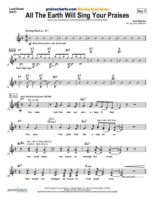 All The Earth Will Sing Your Praises Lead Sheet (Lincoln Brewster)