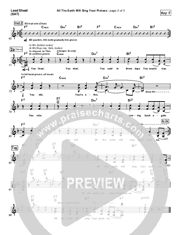 All The Earth Will Sing Your Praises Lead Sheet (Lincoln Brewster)