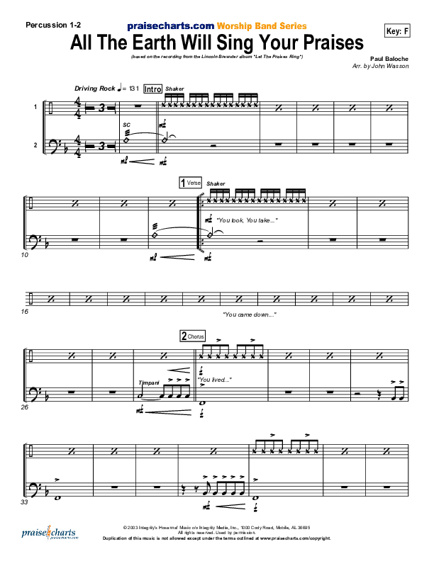 All The Earth Will Sing Your Praises Percussion 1/2 (Lincoln Brewster)