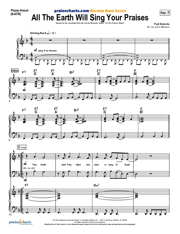 All The Earth Will Sing Your Praises Piano/Vocal & Lead (Lincoln Brewster)