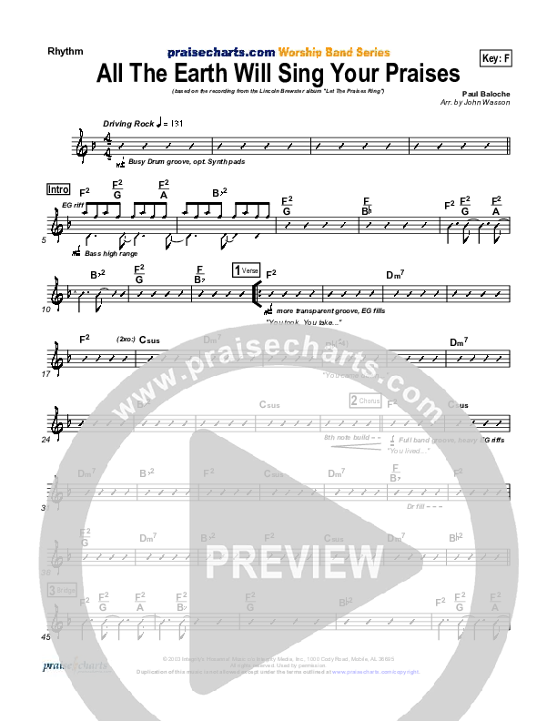 All The Earth Will Sing Your Praises Rhythm Chart (Lincoln Brewster)