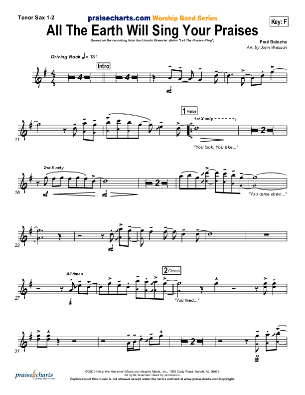 All The Earth Will Sing Your Praises Tenor Sax 1/2 (Lincoln Brewster)