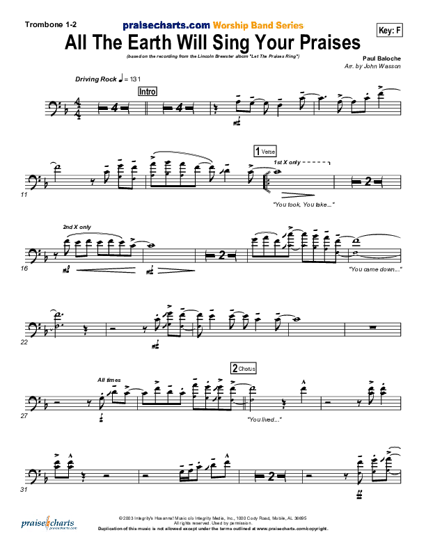 All The Earth Will Sing Your Praises Trombone 1/2 (Lincoln Brewster)