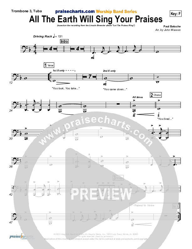 All The Earth Will Sing Your Praises Trombone 3/Tuba (Lincoln Brewster)