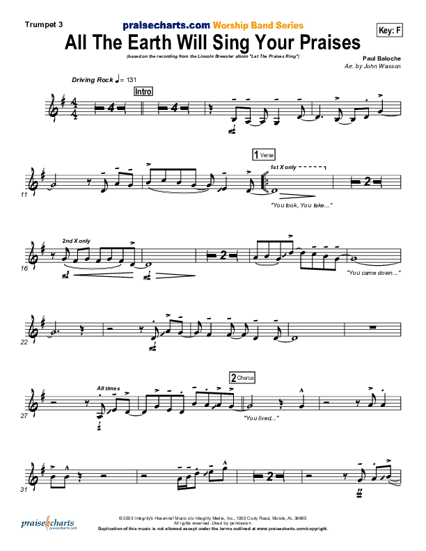 All The Earth Will Sing Your Praises Trumpet 3 (Lincoln Brewster)