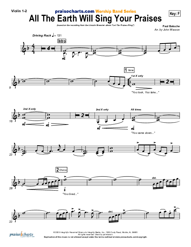 All The Earth Will Sing Your Praises Violin 1/2 (Lincoln Brewster)