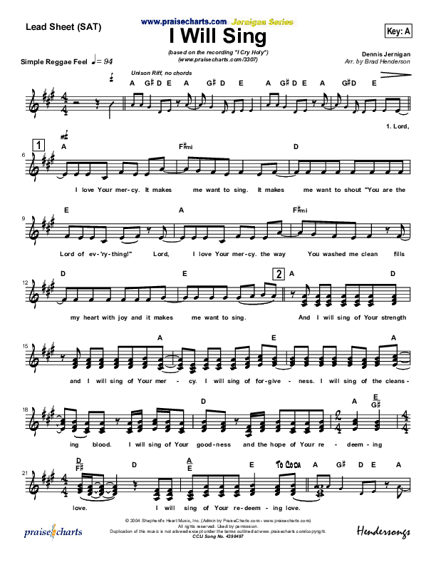 I Will Sing Lead Sheet (SAT) (Dennis Jernigan)