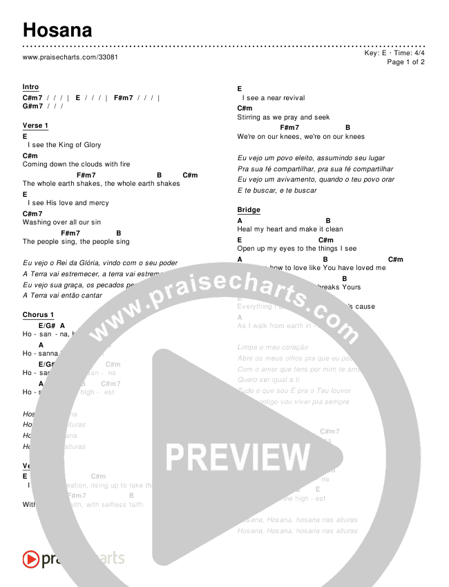 Hosana (Simplified) Chord Chart ()