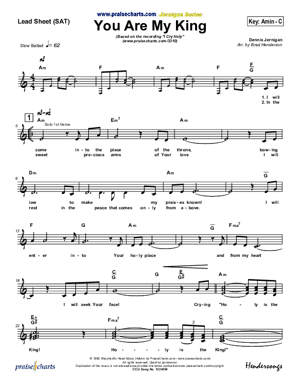 You Are My King Lead Sheet (SAT) (Dennis Jernigan)