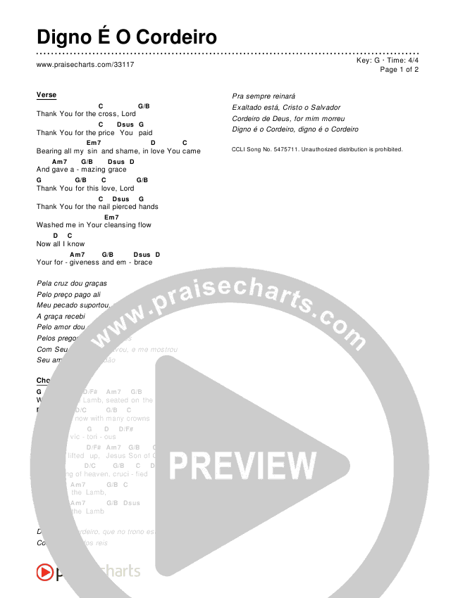 Digno É O Cordeiro (Simplified) Chords & Lyrics ()