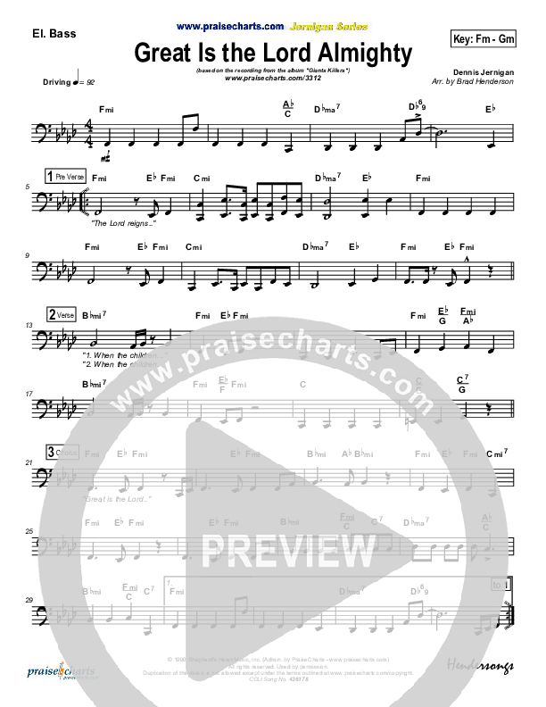 Great Is The Lord Almighty Bass Guitar (Dennis Jernigan)