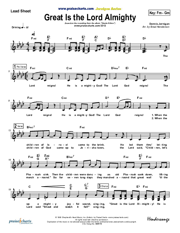Great Is The Lord Almighty Lead Sheet (Dennis Jernigan)