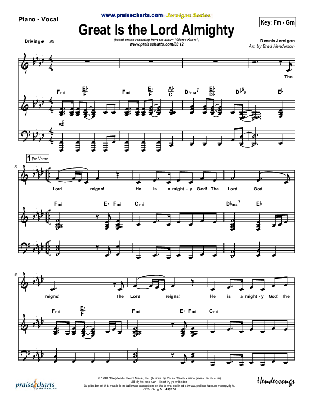 Great Is The Lord Almighty Piano/Vocal (Dennis Jernigan)