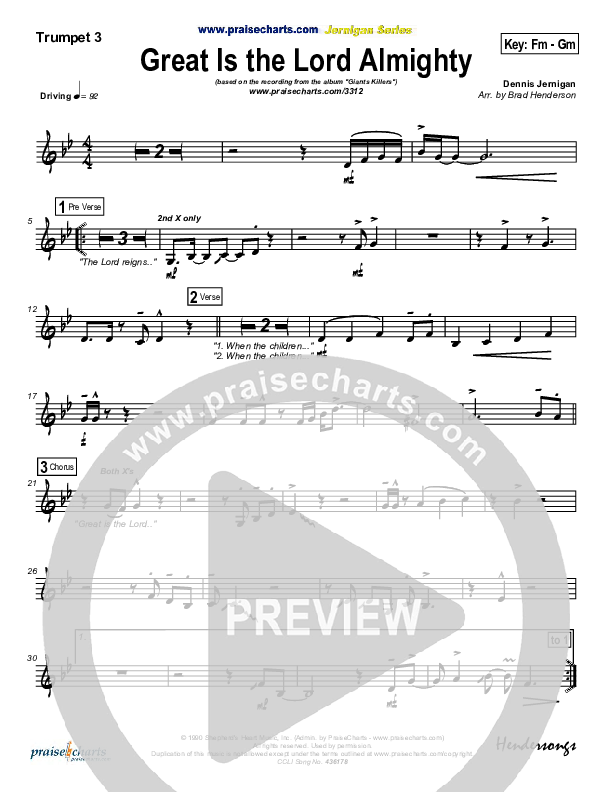 Great Is The Lord Almighty Trumpet 3 (Dennis Jernigan)