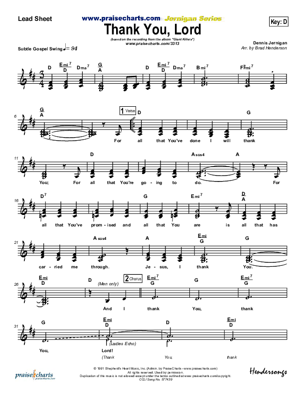 Thank You Lord Lead Sheet (SAT) (Dennis Jernigan)