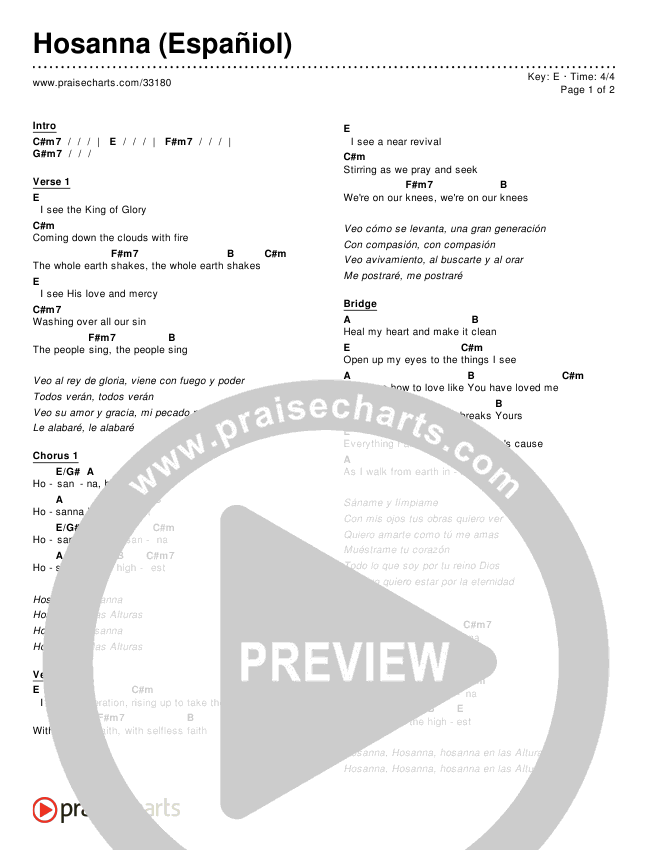 Hosanna (Simplified) Chord Chart ()