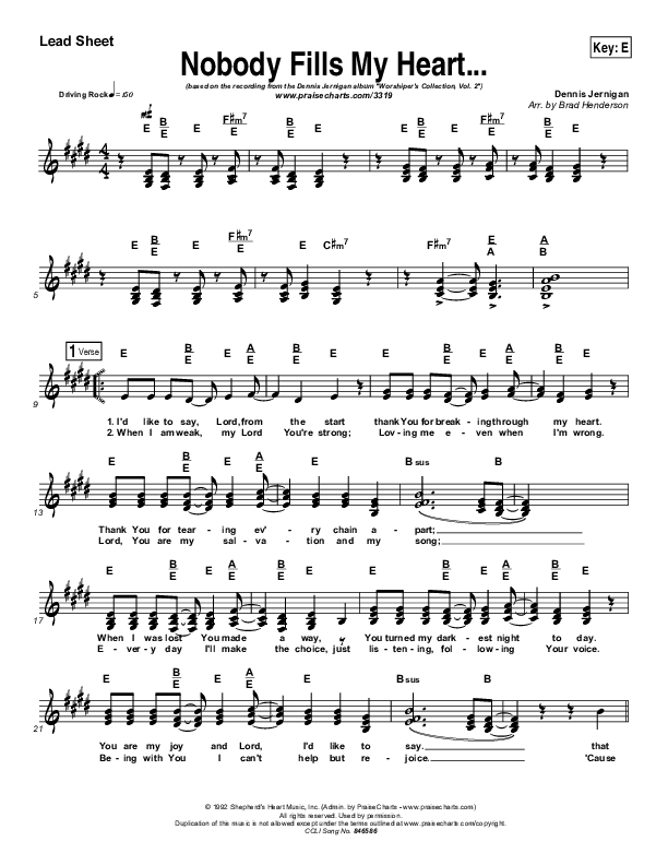 Nobody Fills My Heart Like Jesus Lead Sheet (Dennis Jernigan)