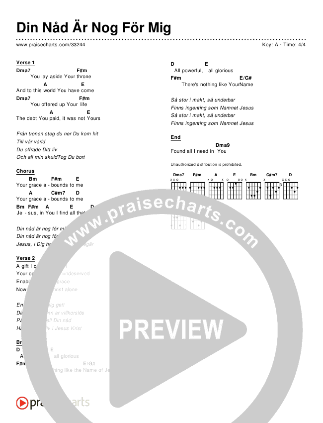 Din Nåd Är Nog För Mig (Simplified) Chords & Lyrics ()