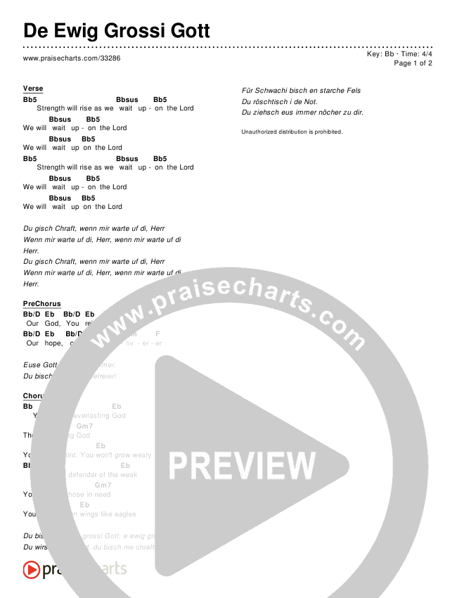 De Ewig Grossi Gott (Simplified) Chords & Lyrics ()