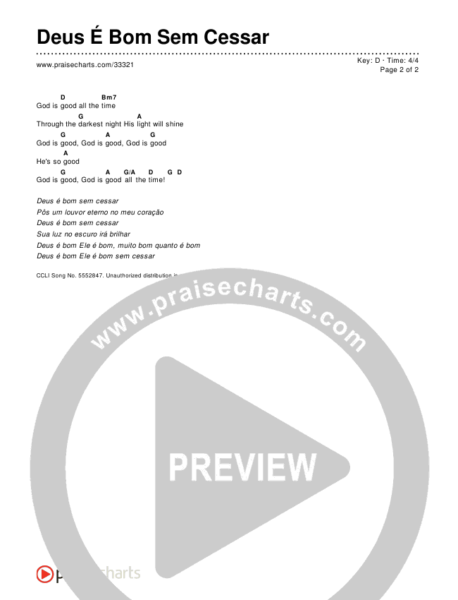 Deus É Bom Sem Cessar (God Is Good All The Time) Chords & Lyrics ()