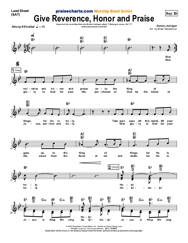 Give Reverence And Honor And Praise Lead Sheet (SAT) (Dennis Jernigan)