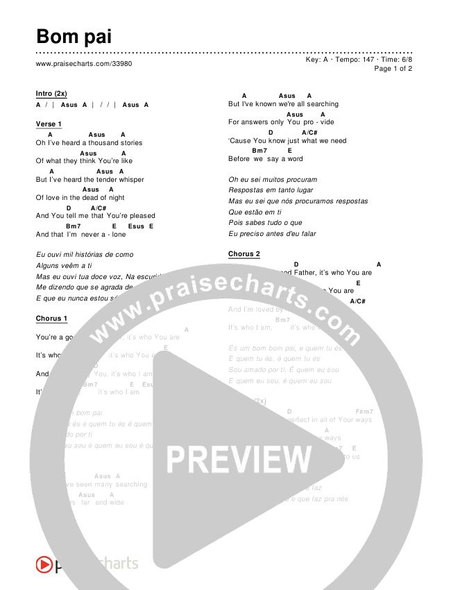 Bom Pai (Good Good Father) Chords & Lyrics ()