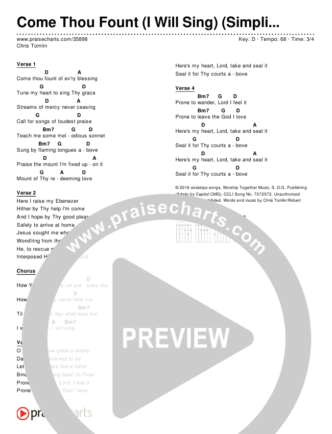 Come Thou Fount (I Will Sing) (Simplified) Chord Chart (Chris Tomlin)