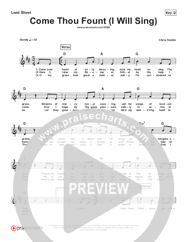 Come Thou Fount (I Will Sing) (Simplified) Lead Sheet (Chris Tomlin)