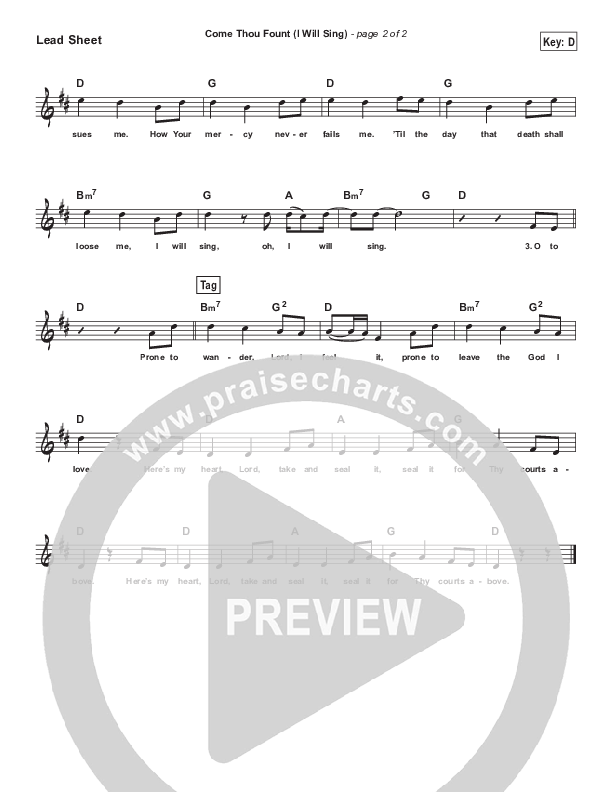 Come Thou Fount (I Will Sing) (Simplified) Lead Sheet (Chris Tomlin)