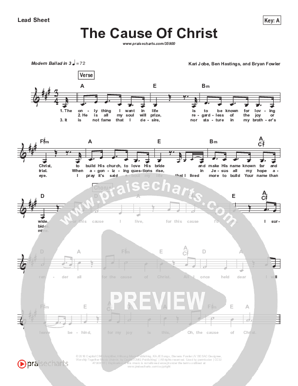 The Cause Of Christ (Simplified) Lead Sheet (Kari Jobe)